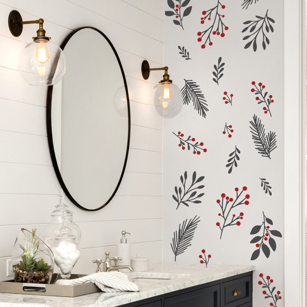 HOLLY BERRIES AND TWIGS PEEL AND STICK WALL DECALS